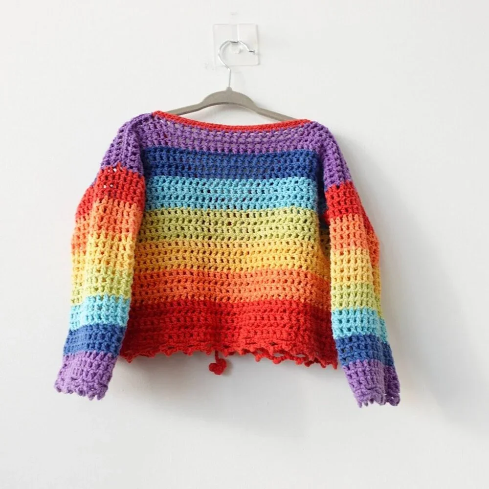 Rainbow Cropped Sweater Girls XL Cardigan Handmade Crochet‎ Bold Open Boho Y2K